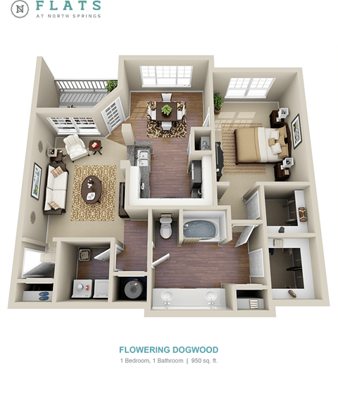 Floor plan for 1 bed, 1 bath, 950 sqft